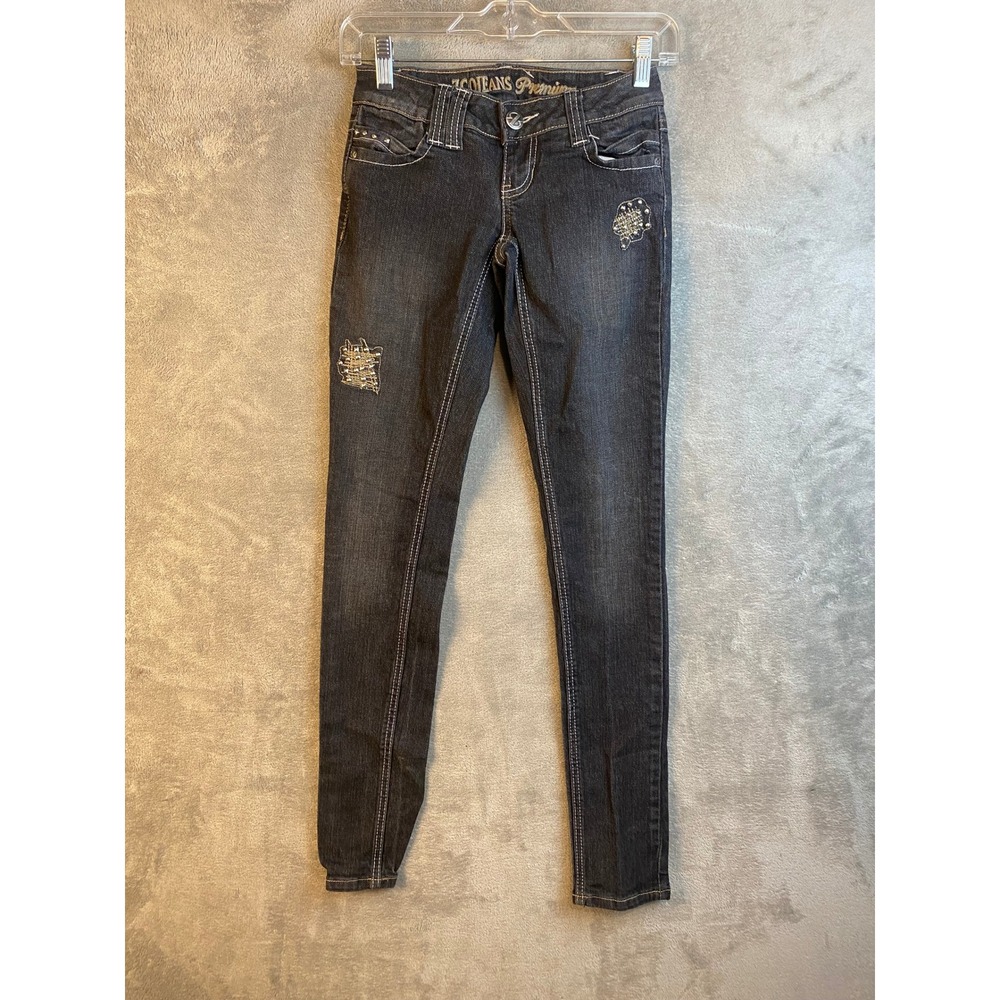 ZCO Jeans Skinny Denim Women 0 Premium Dark Wash Studded Distressed EUC